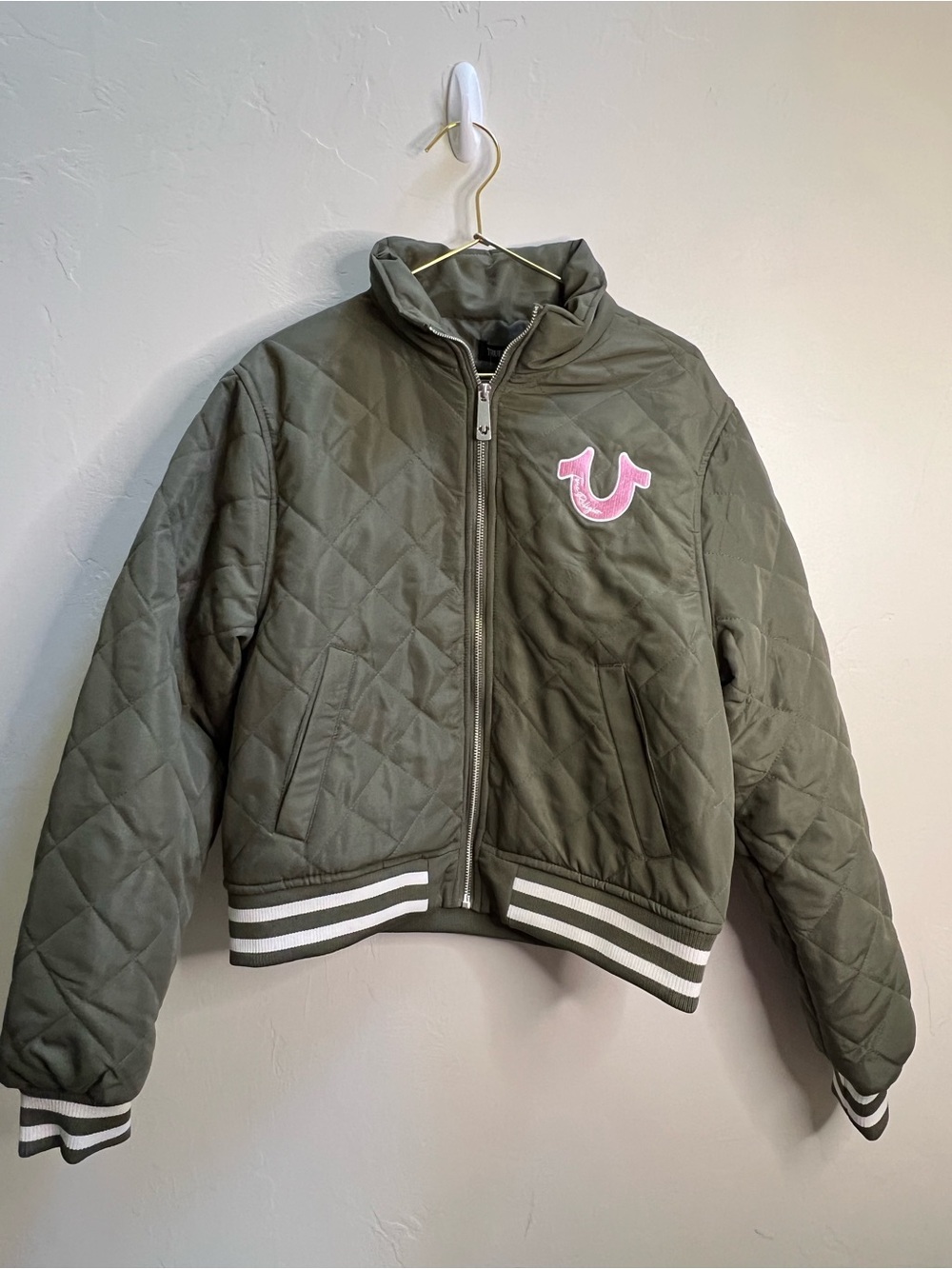 True Religion Olive Quilted Puffer Jacket‎ with Pink Logo Patch